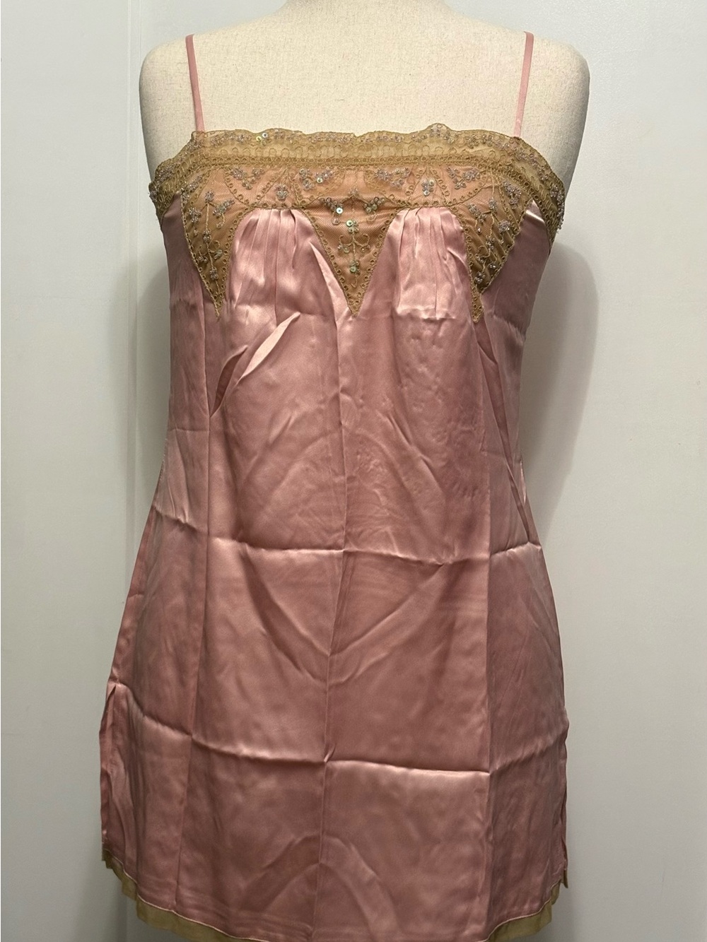 Vintage Y2K Victoria's Secret Pink Satin Sequin Lace Slip Dress Medium 2003